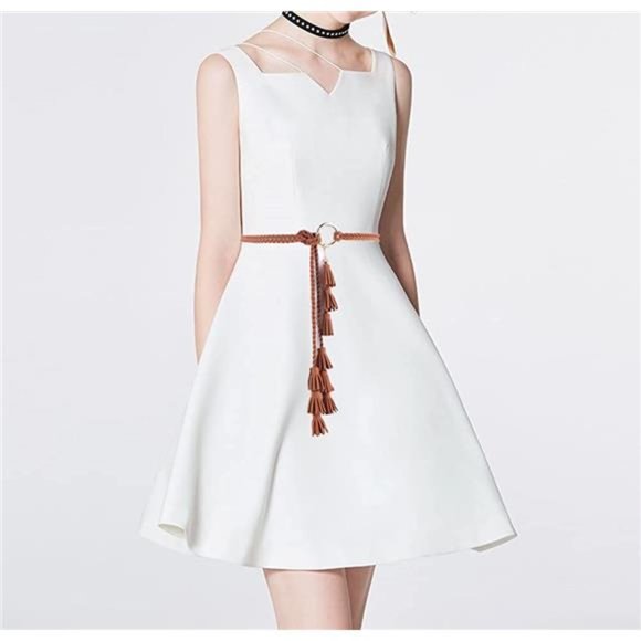 Women Girls PU Leather Waist Belt Chain Skinny Rope with Double Tassel main image 9